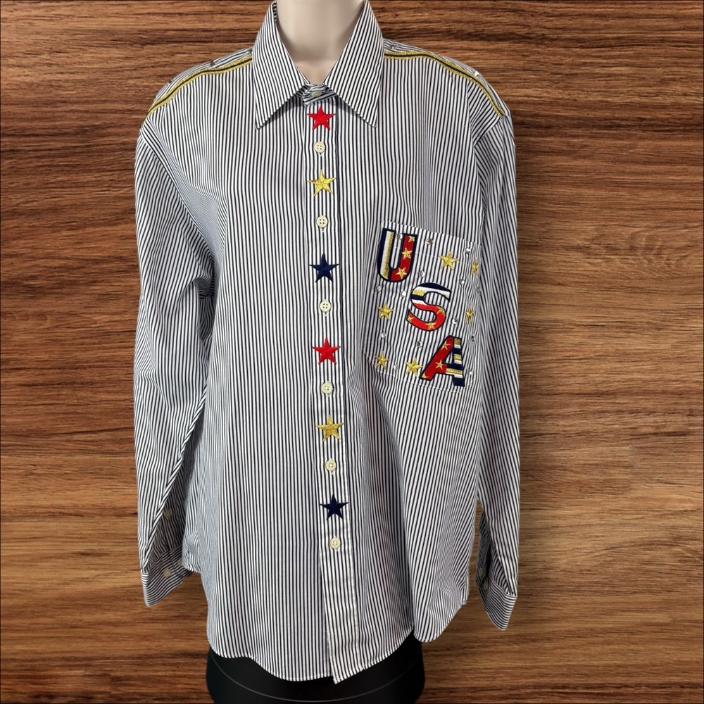 VINTAGE Studz Connection Shirt Womens Large Denim USA Embroidered Button (479)